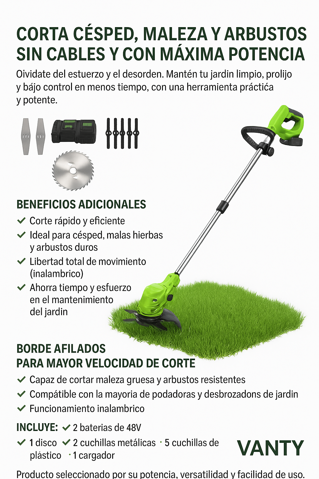 Cortadora de Césped Inalámbrica 48V – 2 Baterías