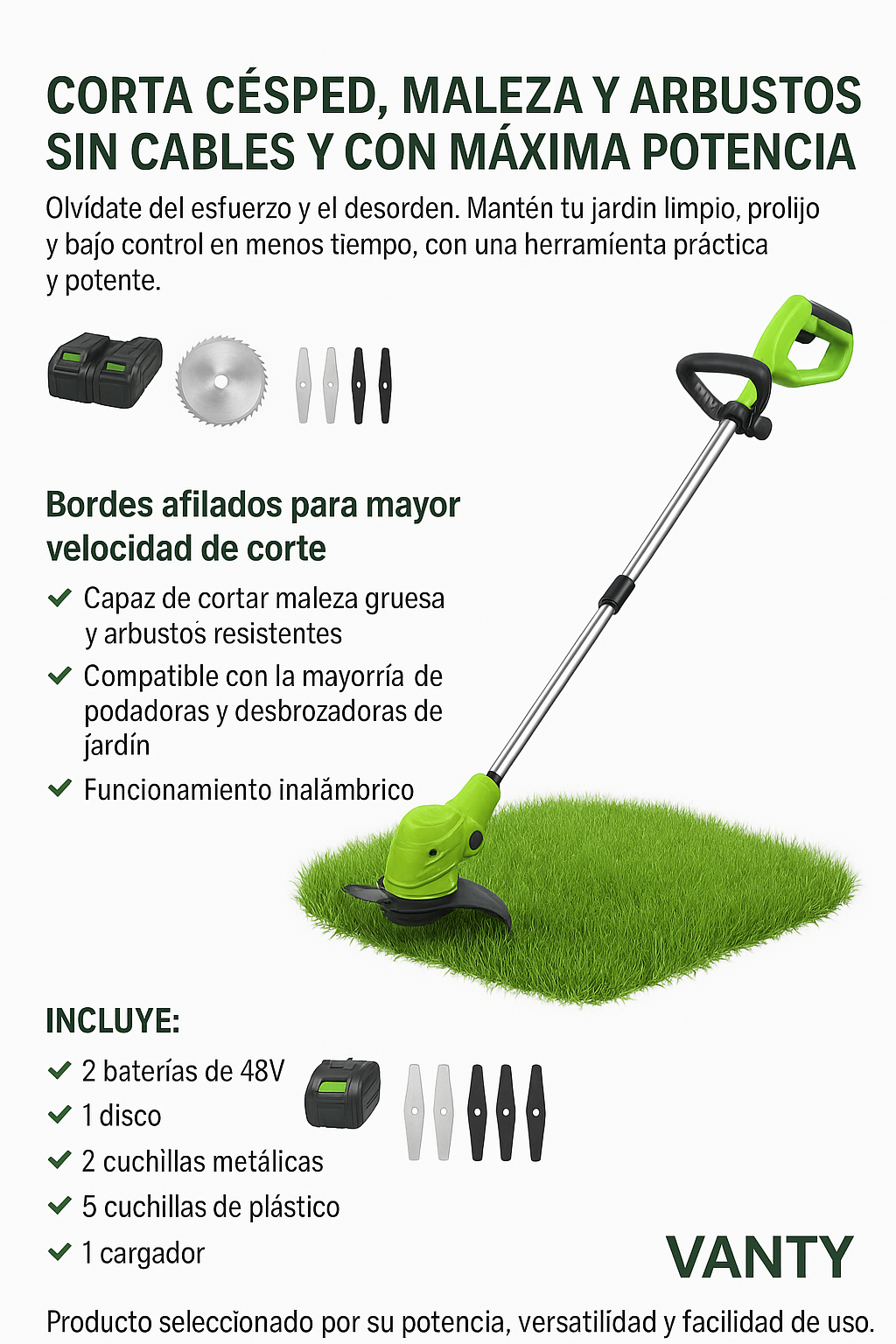 Cortadora de Césped Inalámbrica 48V – 2 Baterías